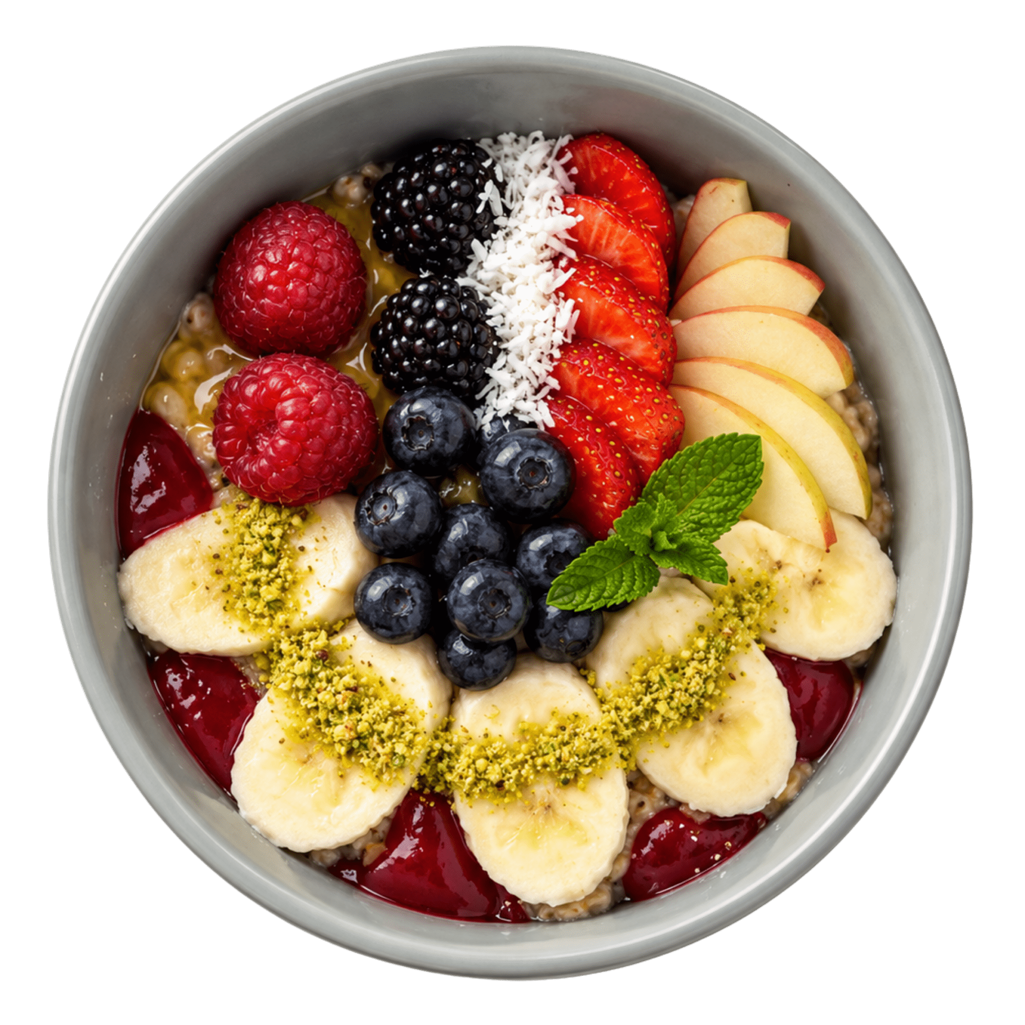 Berry Porridge with raspberries, blackberries, blueberries, strawberries, apple and banana