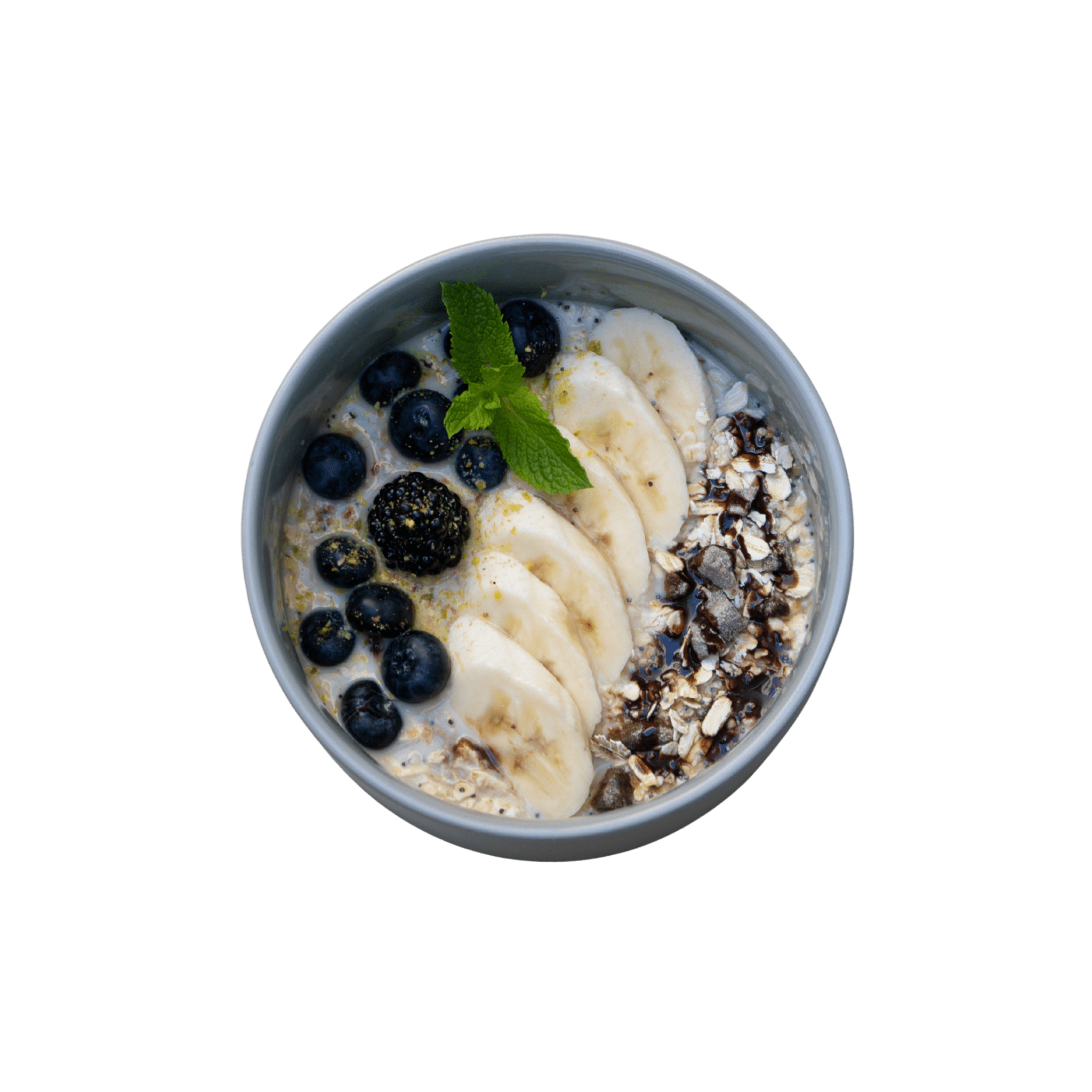 Banana Porridge with sliced banana, blueberries and blackberry