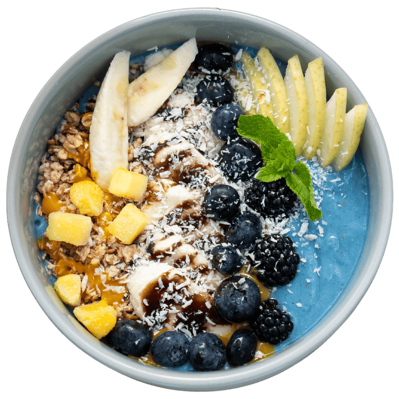 Ocean Bowl with blue spirulina base, banana, mango, blueberries and blackberries